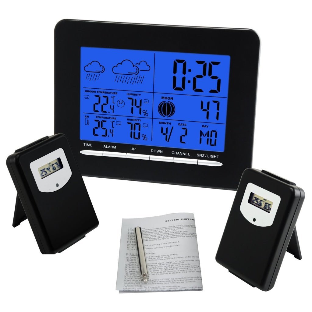 S08S3318BL_2S In/Out Temperature Wireless Weather Station DCF Radio Controlled Clock 2 Sensor - Gain Express