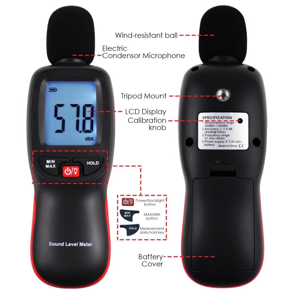 SLM - 267 Decibel Meter Sound Level Tester 30~130dBA Noise Volume Measuring and Monitoring Instrument Digital LCD display with Backlight Professional Handheld Device - Gain Express