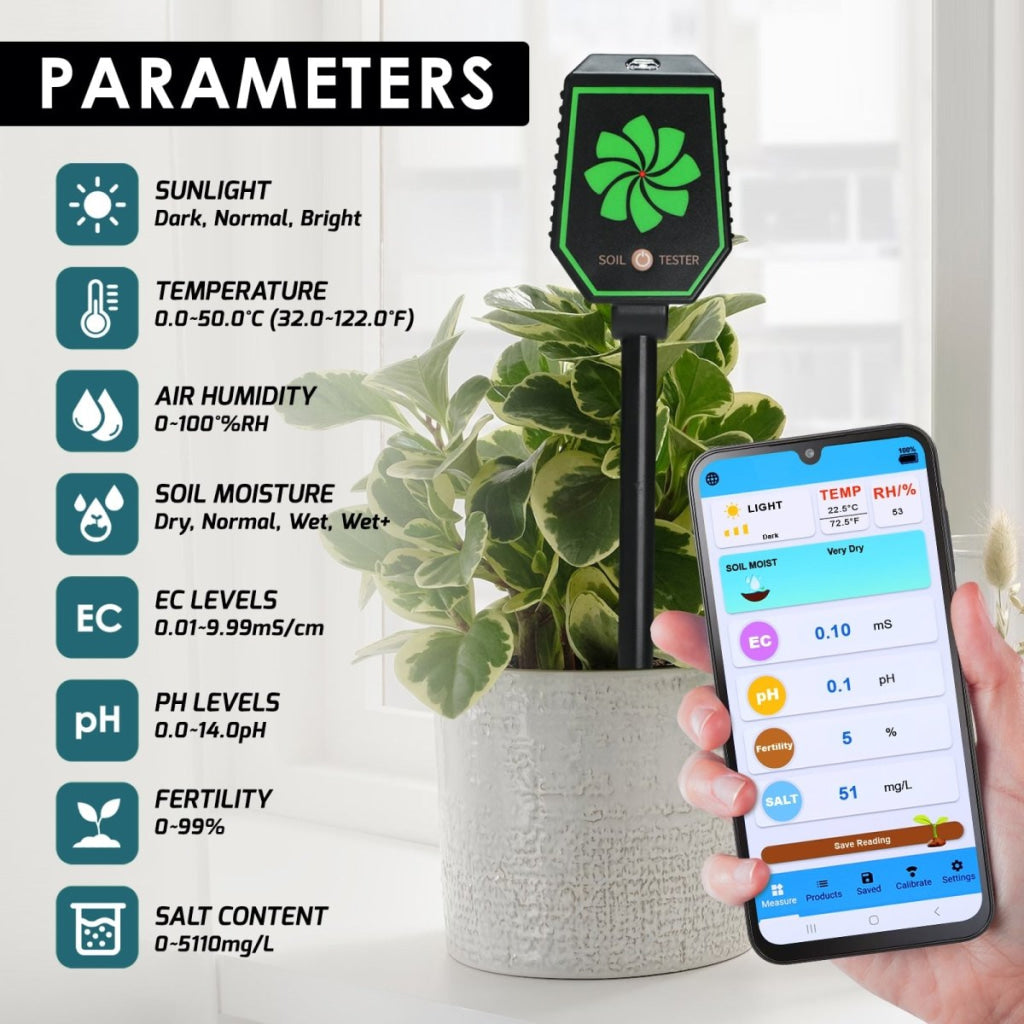 gain express soil ph & moisture meter SQM-457 High Precision 8-in-1 PH EC Fertility Salt Temperature Soil Moisture Meter Smart Bluetooth Light Intensity Air Humidity Detector for Plant Health Monitoring