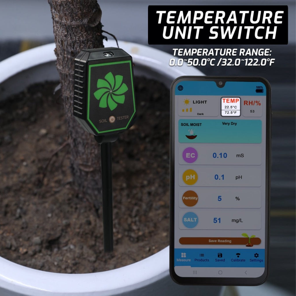 SQM - 457 High Precision 8 - in - 1 PH EC Fertility Salt Temperature Soil Moisture Meter Smart Bluetooth Light Intensity Air Humidity Detector for Plant Health Monitoring - Gain Express