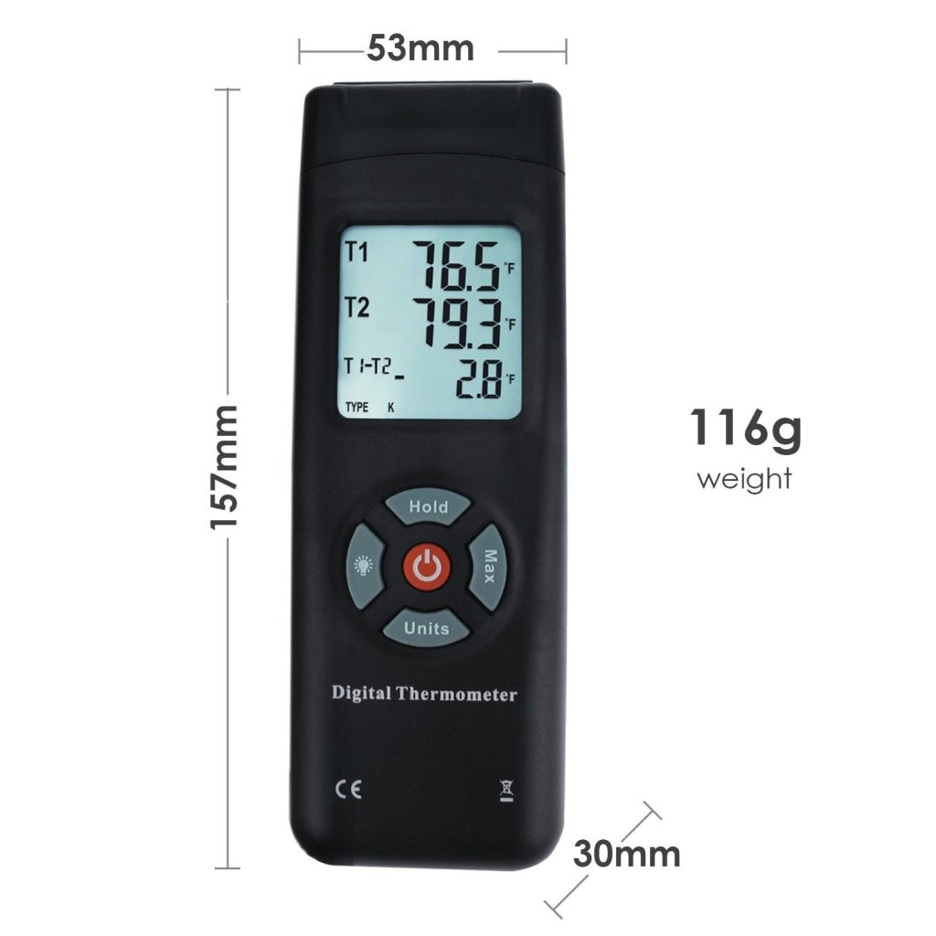 THE - 26 Digital Thermometer Dual Type - K Thermocouples Probe Temperature Instrument Large Display with Backlight - Gain Express