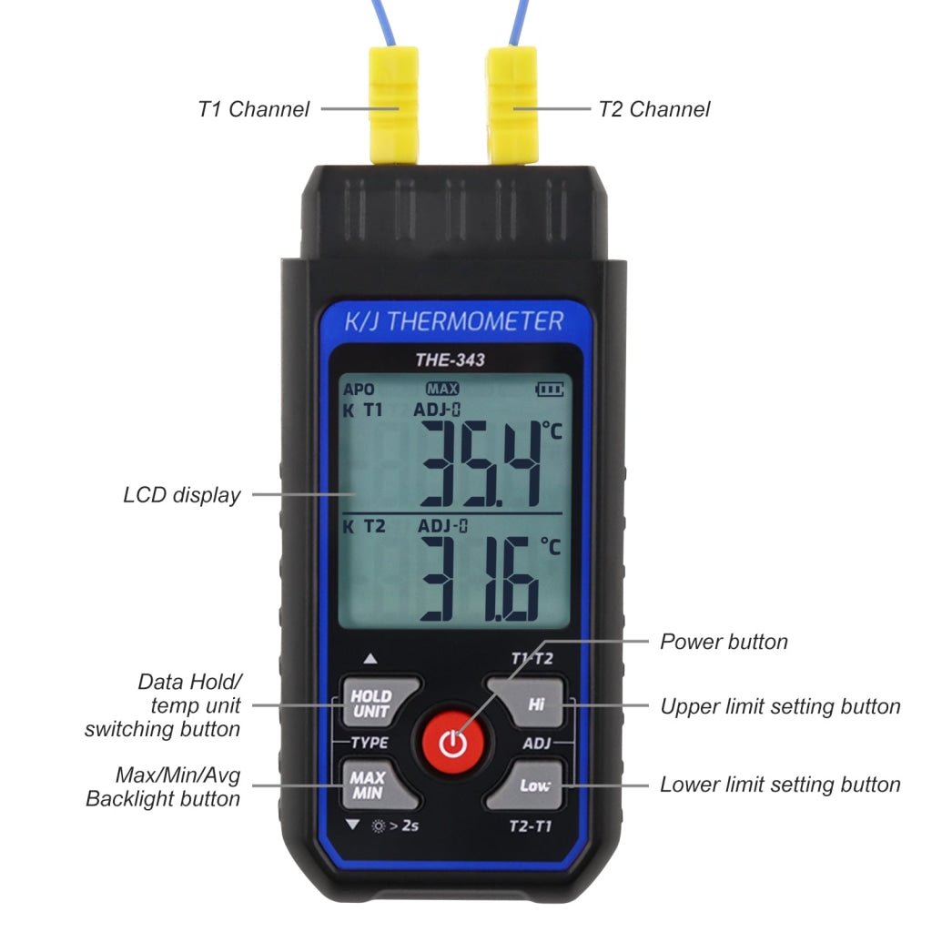 THE-343 K/J Thermocouple Thermometer Dual Channel Temperature
