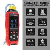 THE - 373 K/J/T Datalogger Thermocouple Thermometer - 200~1372°C ( - 328~2501°F), 4 - Channel Display, Real - Time Data Logging, Audible and Visible Alarm, and ADJ Compensation - Gain Express