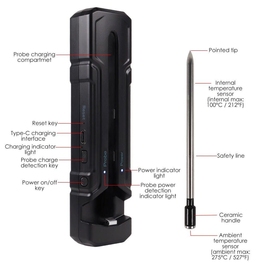 THE - 387 Smart Bluetooth Meat Thermometer 500FT Wireless Range for BBQ, Oven, Smoker, Grilling, Kitchen Food Temperature Measure - Gain Express