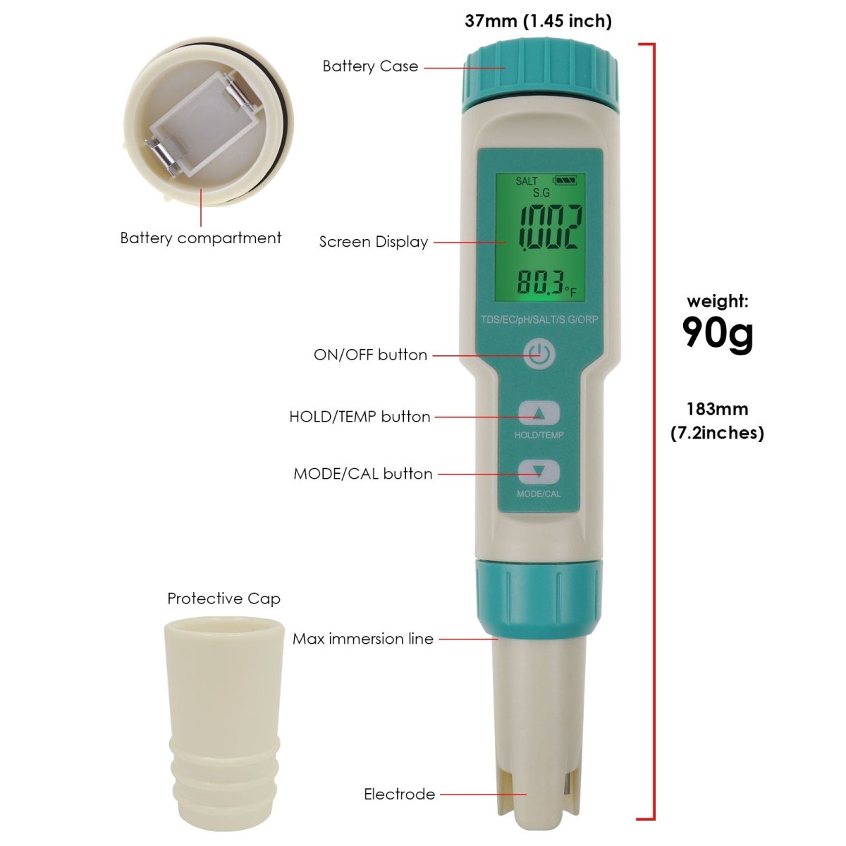 WQM - 339 7in1 Pentype Tester PH / TDS / EC / ORP / Salinity / S.G. / Temperature Meter Water Tester for Drinking Water, Aquariums, Hydroponics Pools - Gain Express