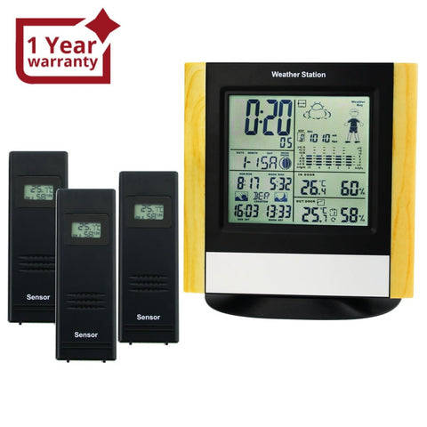 WS - 103_3S Weather Station 3 Wireless Sensors, WWVB Radio Controlled Clock Thermometer Alarm, Indoor Outdoor Humidity Temperature Weather Forecast Barometer, Sunrise Sunset Moon Phase - Gain Express