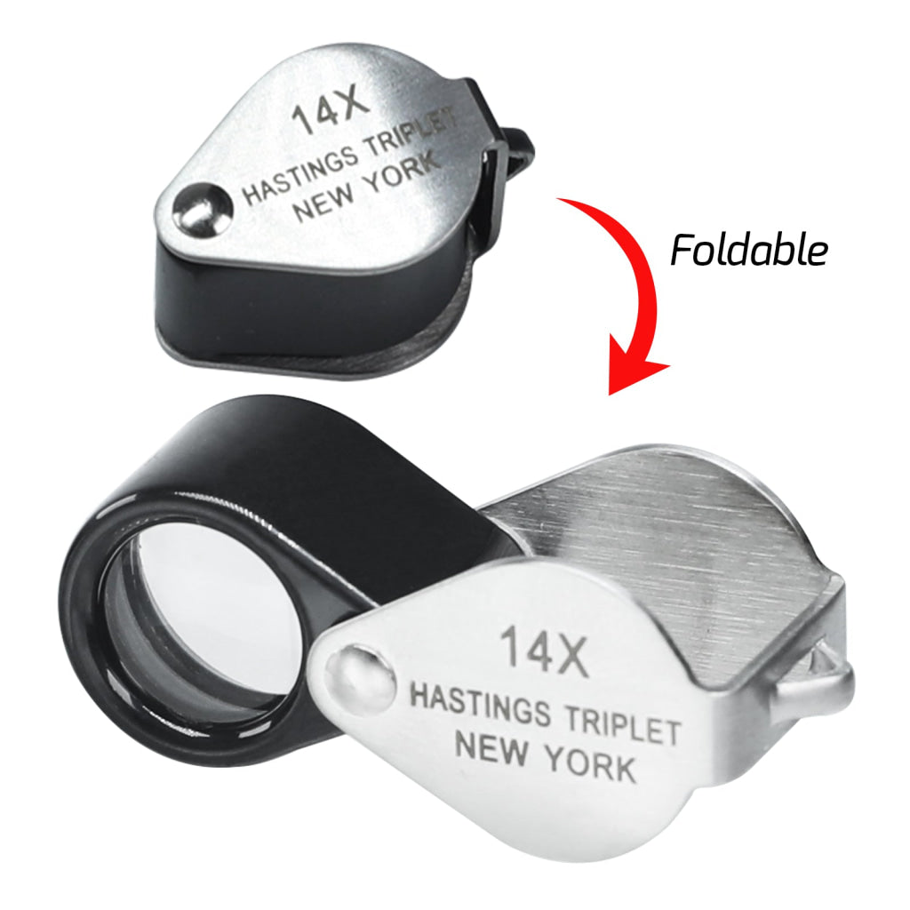 GEM-403 14x Magnification Hasting Jewelry Mini Loupe Optical Glass Triplet Lens Stainless Steel Body Foldaway Pocket