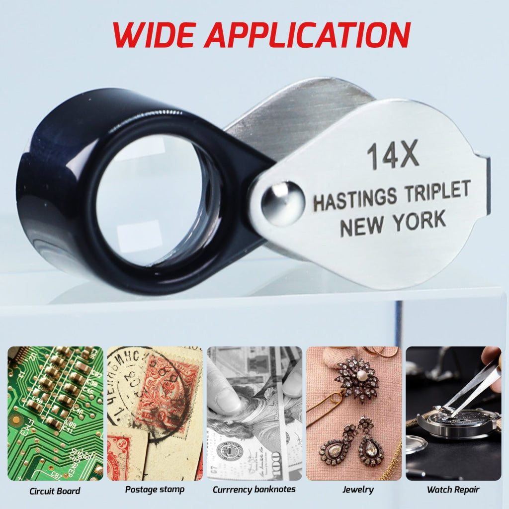 GEM-403 14x Magnification Hasting Jewelry Mini Loupe Optical Glass Triplet Lens Stainless Steel Body Foldaway Pocket
