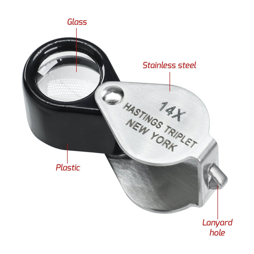 GEM-403 14x Magnification Hasting Jewelry Mini Loupe Optical Glass Triplet Lens Stainless Steel Body Foldaway Pocket