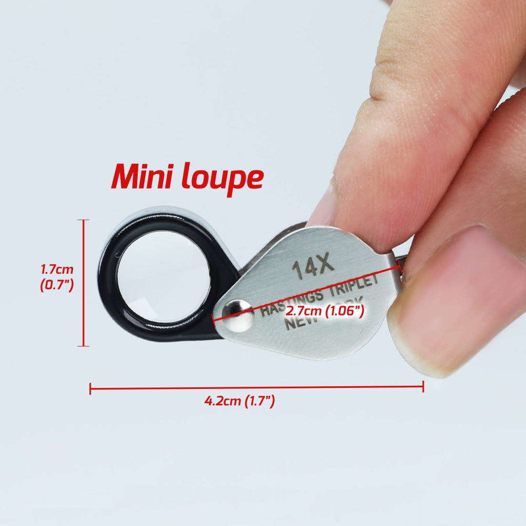 GEM-403 14x Magnification Hasting Jewelry Mini Loupe Optical Glass Triplet Lens Stainless Steel Body Foldaway Pocket