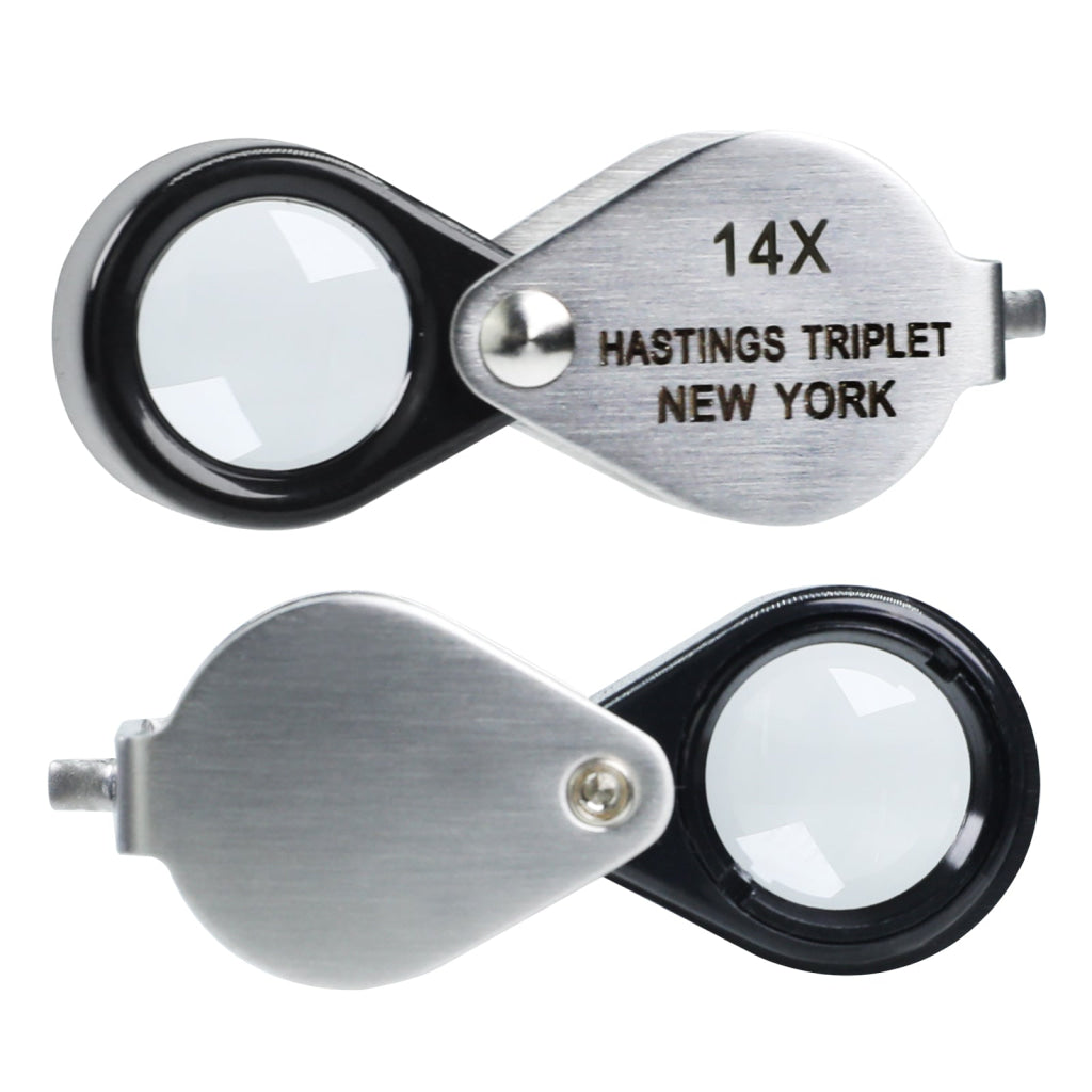 GEM-403 14x Magnification Hasting Jewelry Mini Loupe Optical Glass Triplet Lens Stainless Steel Body Foldaway Pocket