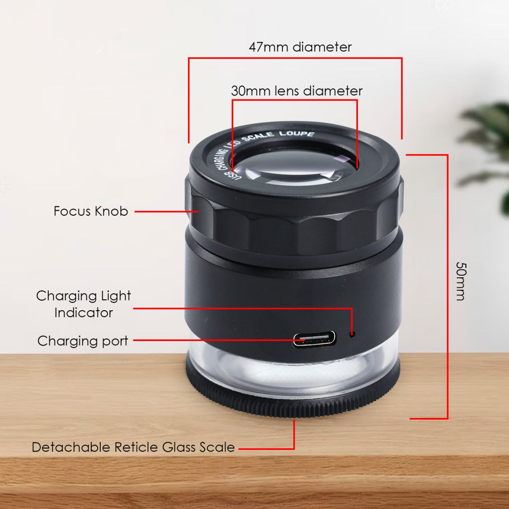 GEM-446 Rechargeable 10x Magnification Scale Loupe K9 Optical Glass with LED/UV Lighting and Adjustable Focal Length