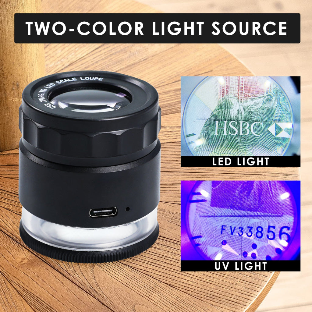 GEM-446 Rechargeable 10x Magnification Scale Loupe K9 Optical Glass with LED/UV Lighting and Adjustable Focal Length