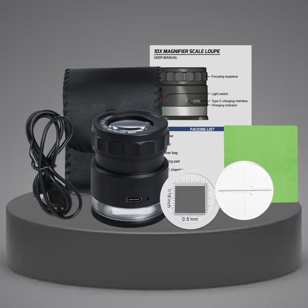 GEM-446 Rechargeable 10x Magnification Scale Loupe K9 Optical Glass with LED/UV Lighting and Adjustable Focal Length