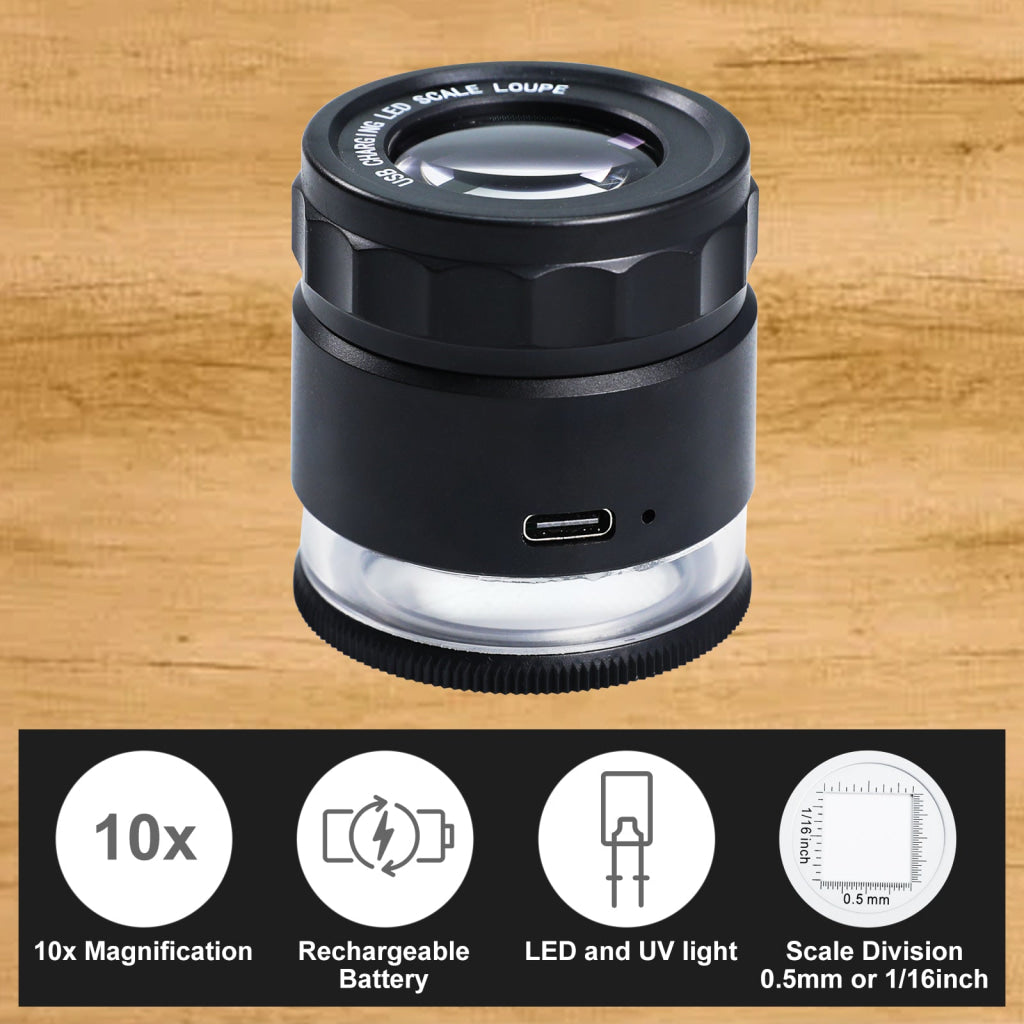 GEM-446 Rechargeable 10x Magnification Scale Loupe K9 Optical Glass with LED/UV Lighting and Adjustable Focal Length