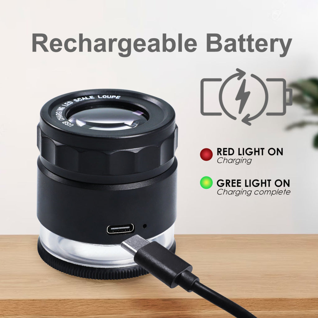 GEM-446 Rechargeable 10x Magnification Scale Loupe K9 Optical Glass with LED/UV Lighting and Adjustable Focal Length