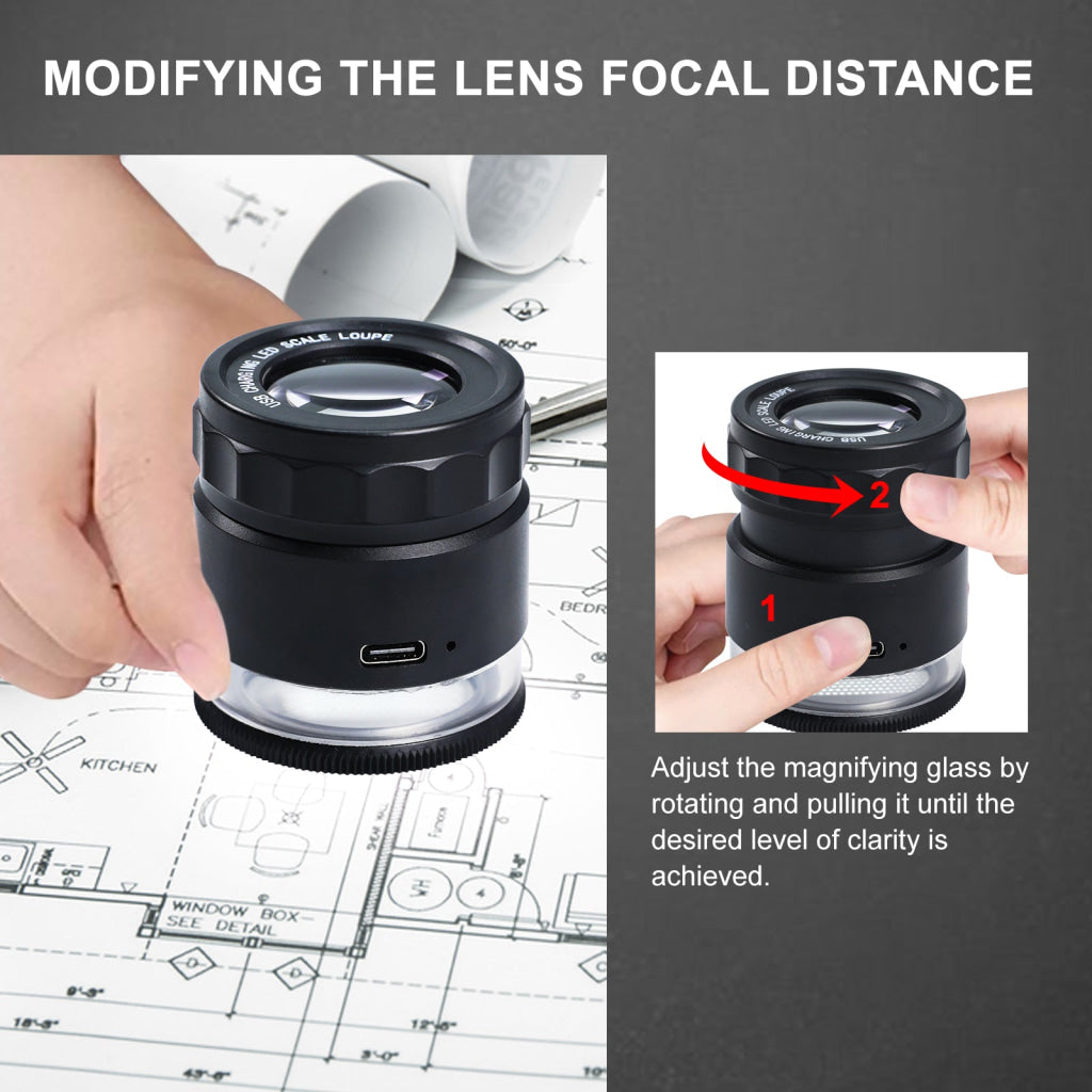 GEM-446 Rechargeable 10x Magnification Scale Loupe K9 Optical Glass with LED/UV Lighting and Adjustable Focal Length