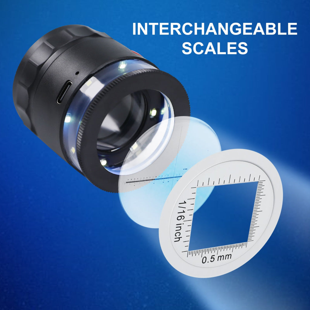 GEM-446 Rechargeable 10x Magnification Scale Loupe K9 Optical Glass with LED/UV Lighting and Adjustable Focal Length