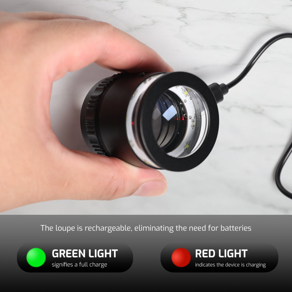 GEM-552 10X Magnification Loupe 5 White and 5 UV LEDs Rechargeable Scale Loop with Metal Body Detachable Glass Reticle