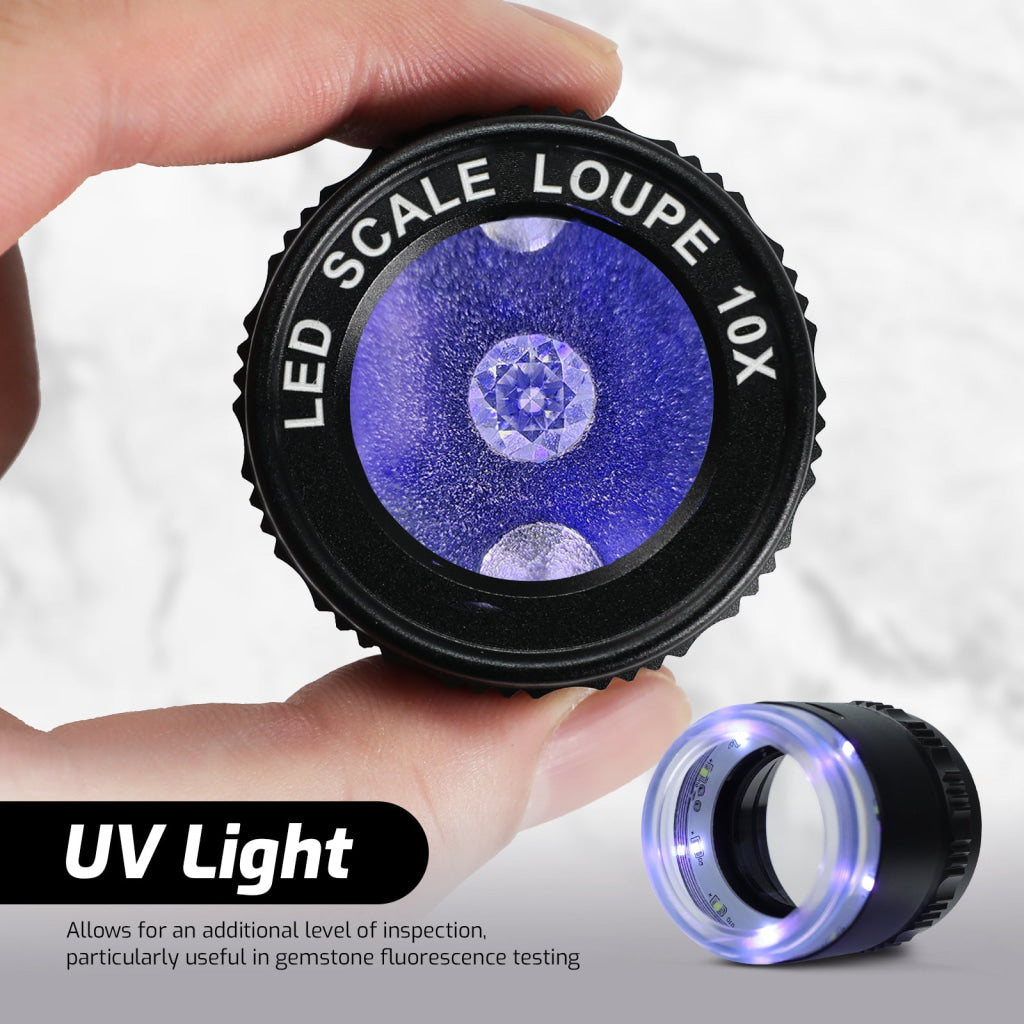 GEM-552 10X Magnification Loupe 5 White and 5 UV LEDs Rechargeable Scale Loop with Metal Body Detachable Glass Reticle
