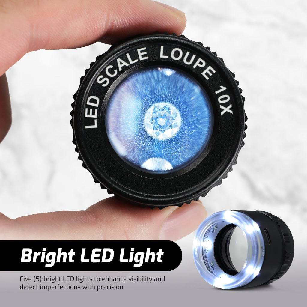 GEM-552 10X Magnification Loupe 5 White and 5 UV LEDs Rechargeable Scale Loop with Metal Body Detachable Glass Reticle
