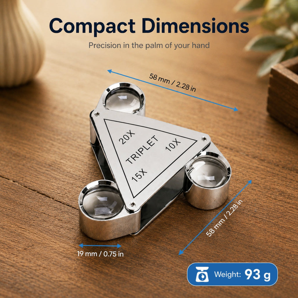 GEM-554 Triplet 10X 15X 20X Jewelry Loupe – 3-in-1 Triangular Swing-Out Magnifier 18mm Achromatic Lenses Chrome-Plated
