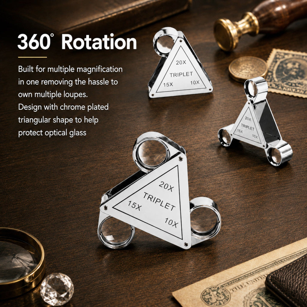 GEM-554 Triplet 10X 15X 20X Jewelry Loupe – 3-in-1 Triangular Swing-Out Magnifier 18mm Achromatic Lenses Chrome-Plated