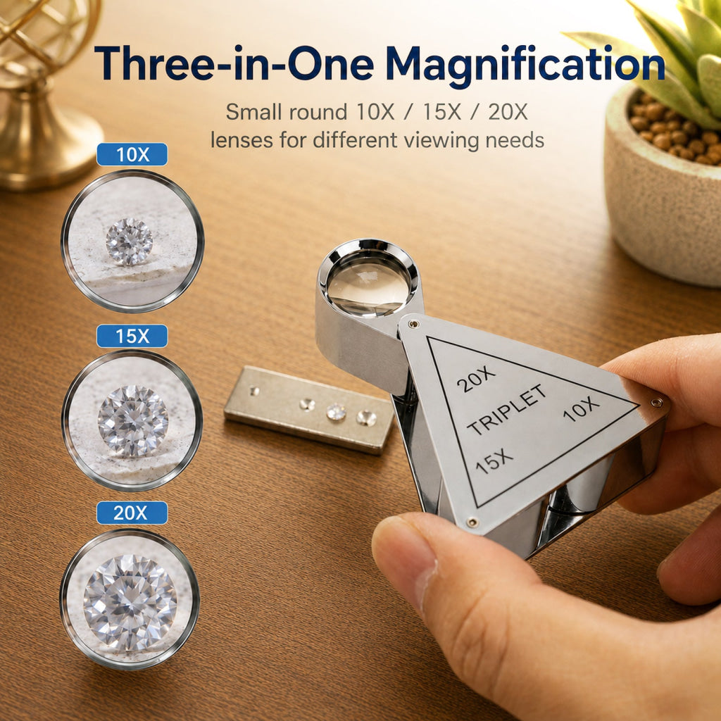 GEM-554 Triplet 10X 15X 20X Jewelry Loupe – 3-in-1 Triangular Swing-Out Magnifier 18mm Achromatic Lenses Chrome-Plated