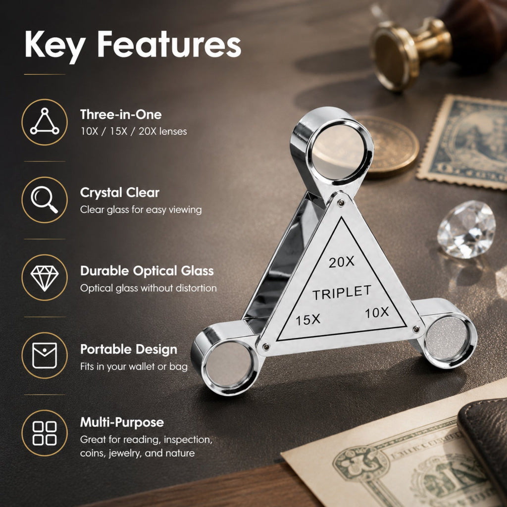 GEM-554 Triplet 10X 15X 20X Jewelry Loupe – 3-in-1 Triangular Swing-Out Magnifier 18mm Achromatic Lenses Chrome-Plated