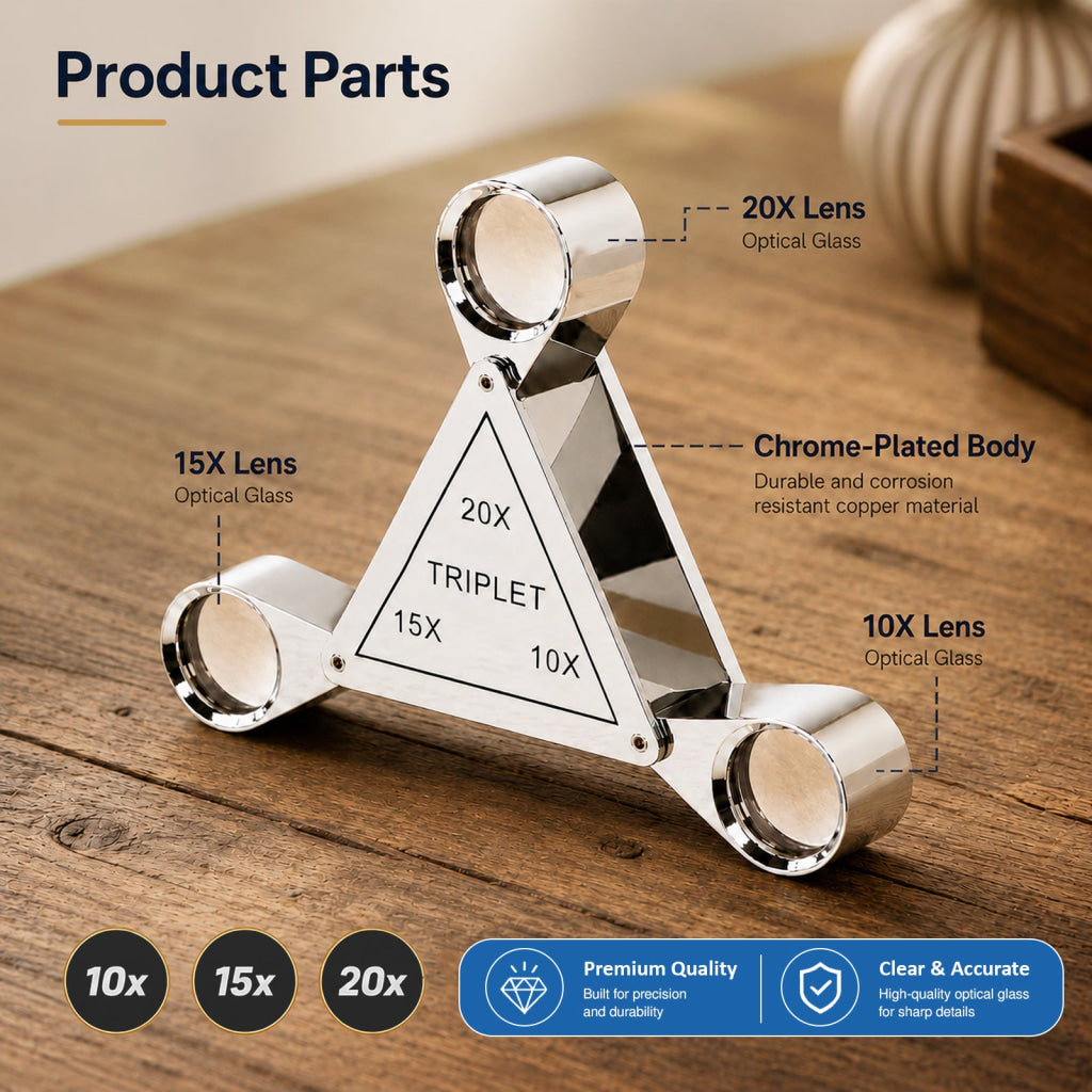 GEM-554 Triplet 10X 15X 20X Jewelry Loupe – 3-in-1 Triangular Swing-Out Magnifier 18mm Achromatic Lenses Chrome-Plated