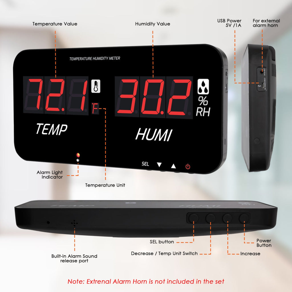 HTM-548 Digital Large Screen Hygrometer Temperature and Humidity Measurement with Adjustable Visual/Audible Alarms