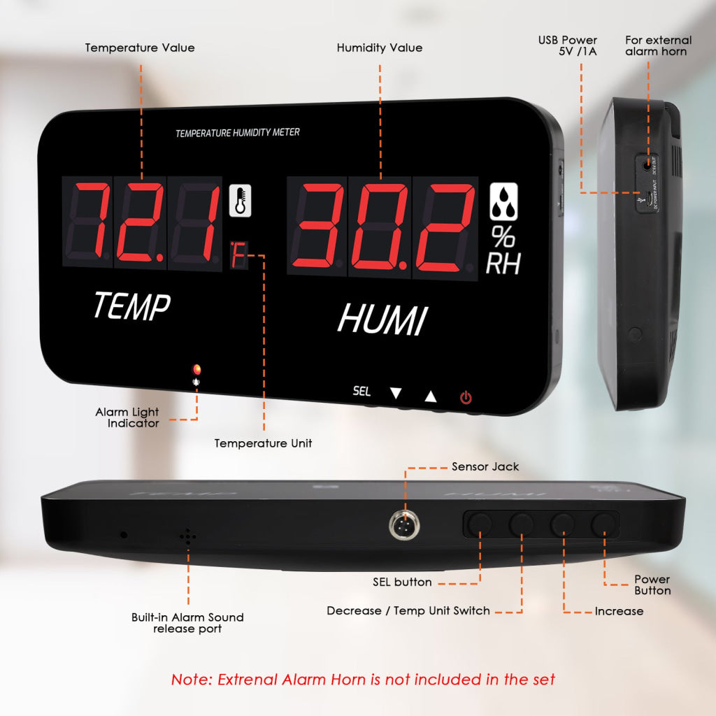 HTM-548 Digital Large Screen Hygrometer Temperature and Humidity Measurement with Adjustable Visual/Audible Alarms with