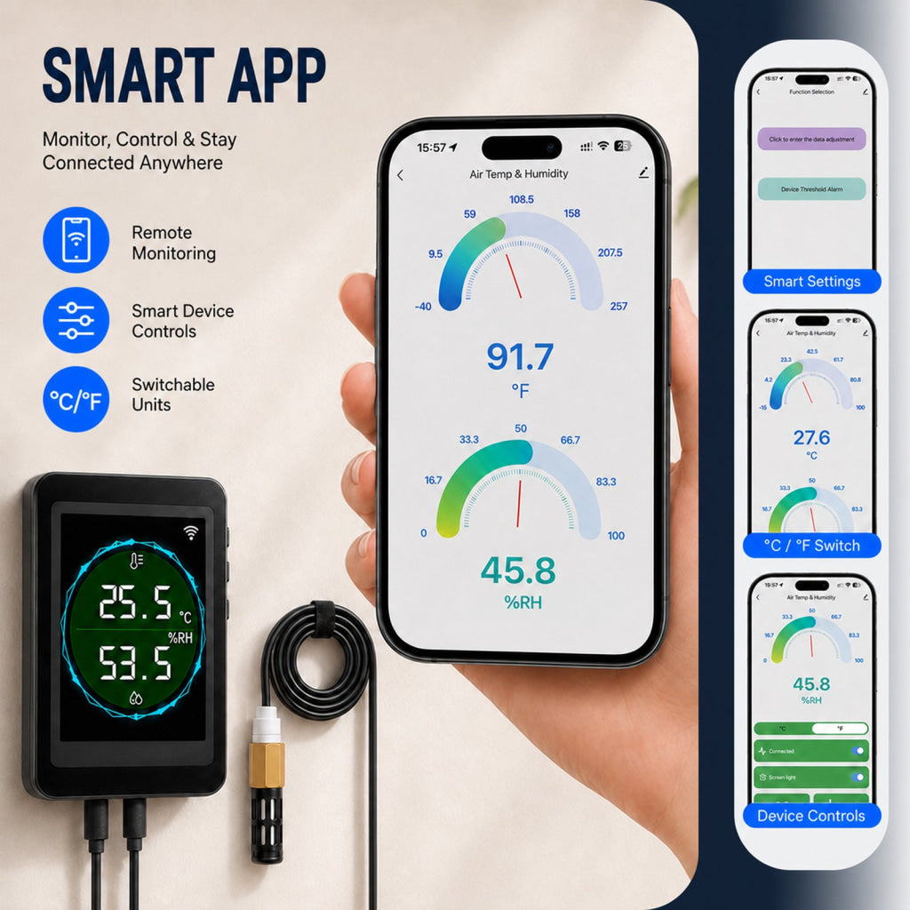 HTM-564 Dual WiFi & Bluetooth Smart Thermometer Hygrometer 24/7 Temperature Humidity Remote Monitor with Real-Time