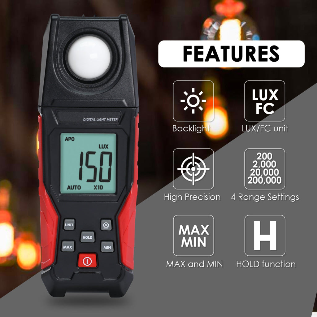 LUX-484 Lux Light Meter for Visible Brightness Measurement with 0.1~200000LUX / 0.01~20000FC Range Ideal for Warehouses