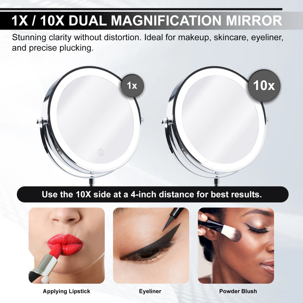 MIR-534 Double Sided 1X/10X LED Light Vanity Mirror 9’’ Rechargeable Make Up Mirror with Adjustable Brightness and