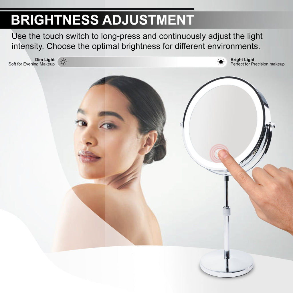 MIR-534 Double Sided 1X/10X LED Light Vanity Mirror 9’’ Rechargeable Make Up Mirror with Adjustable Brightness and
