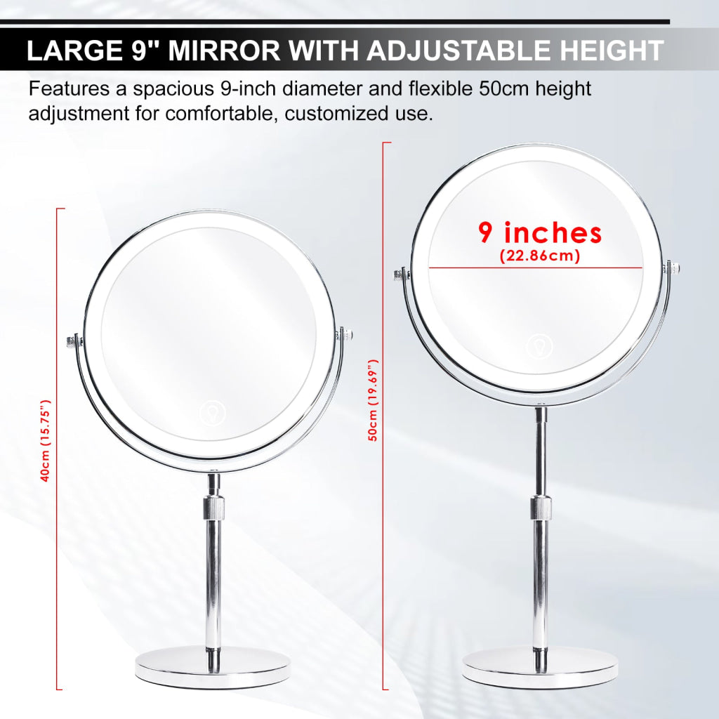 MIR-534 Double Sided 1X/10X LED Light Vanity Mirror 9’’ Rechargeable Make Up Mirror with Adjustable Brightness and