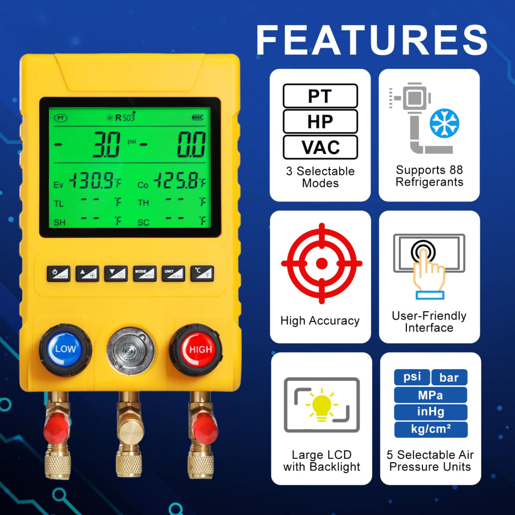 MNG-549 Digital Refrigerant Manifold Gauge Set 800PSI HVAC Vacuum Pressure Tester with Pressure Holding Leak Test