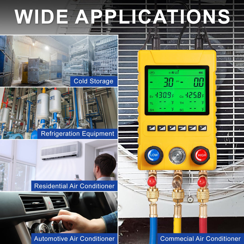 MNG-549 Digital Refrigerant Manifold Gauge Set 800PSI HVAC Vacuum Pressure Tester with Pressure Holding Leak Test