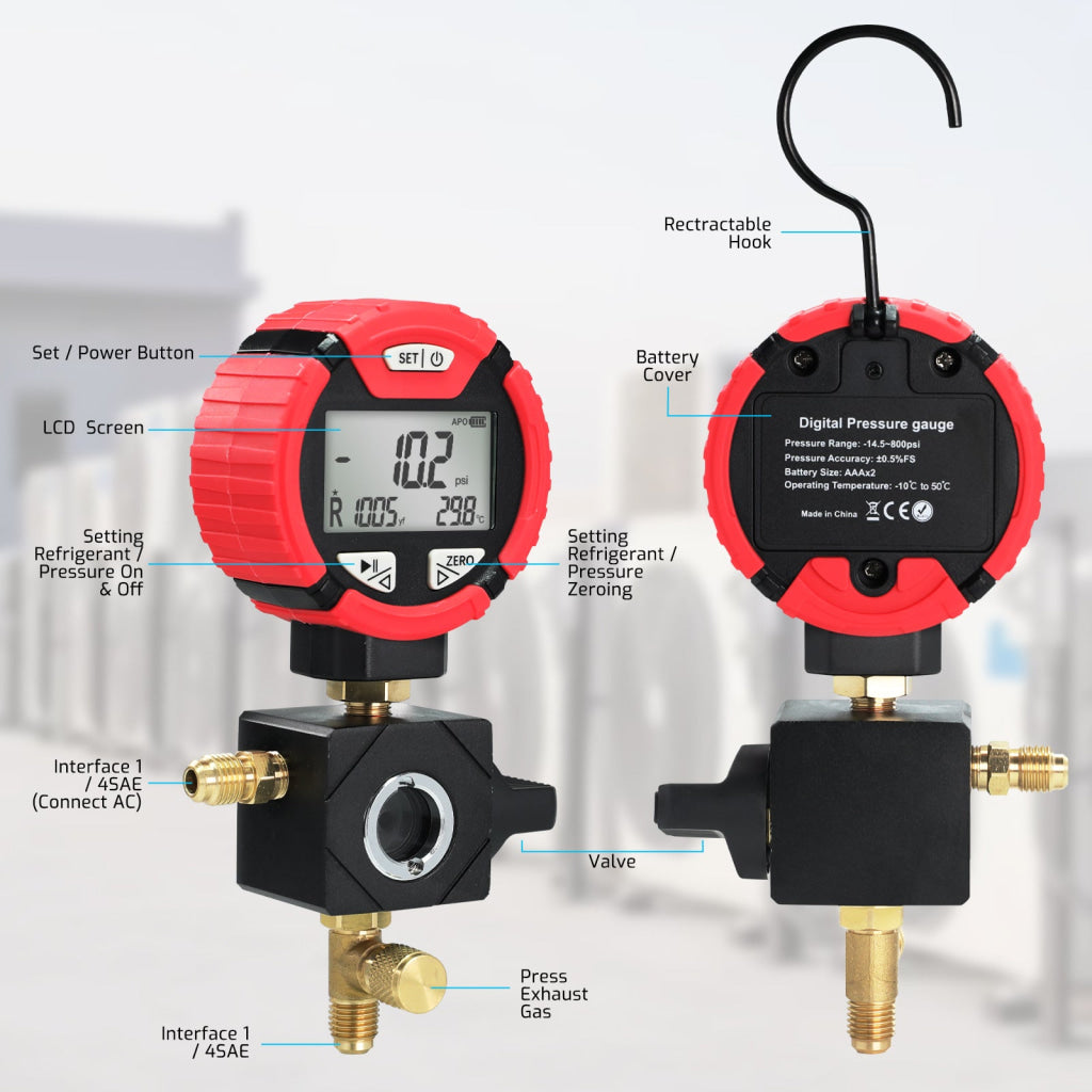 MNG-550H Digital High-Pressure Single Refrigerant Manifold Gauge with Leak Test Function and Control Valve -14.5-800