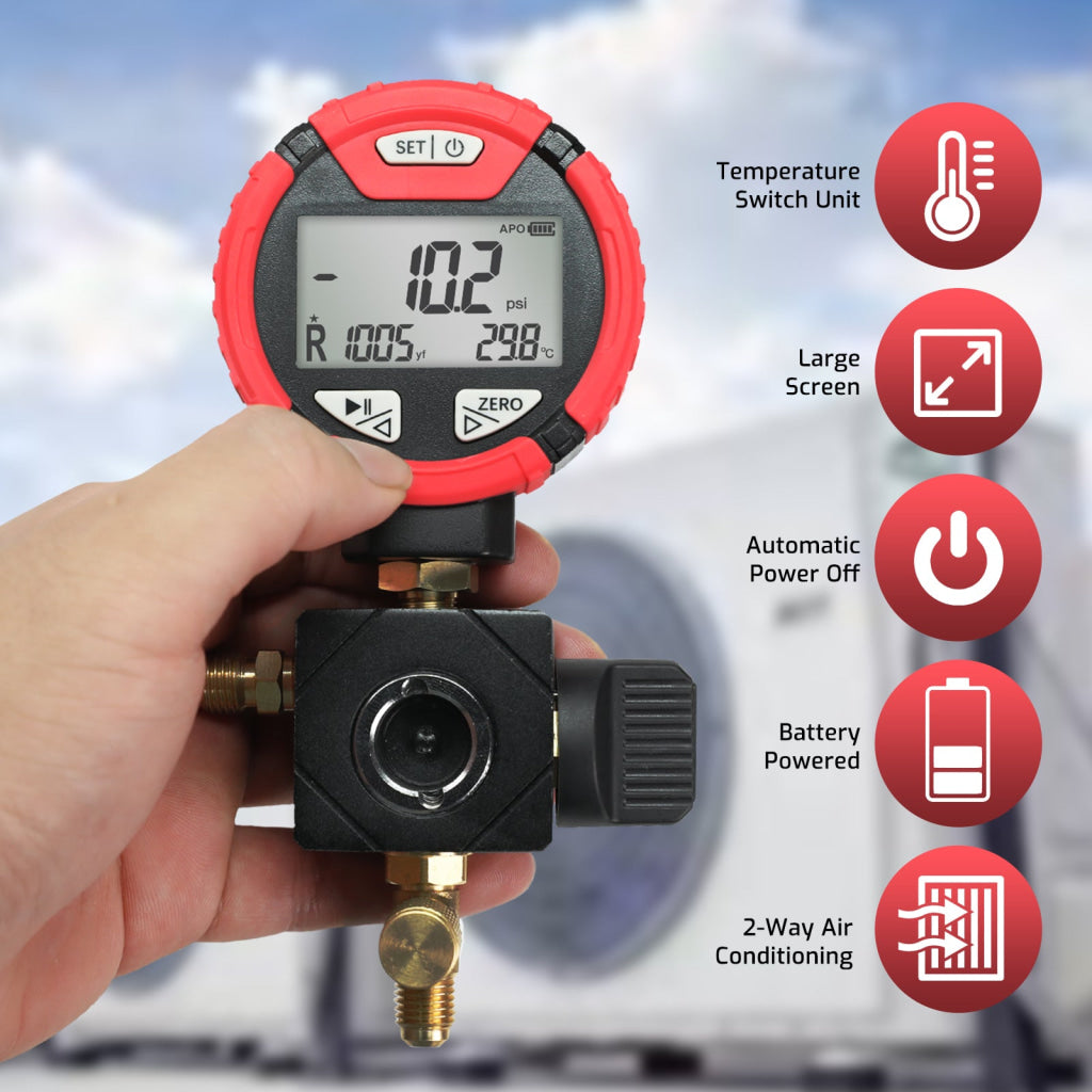 MNG-550H Digital High-Pressure Single Refrigerant Manifold Gauge with Leak Test Function and Control Valve -14.5-800