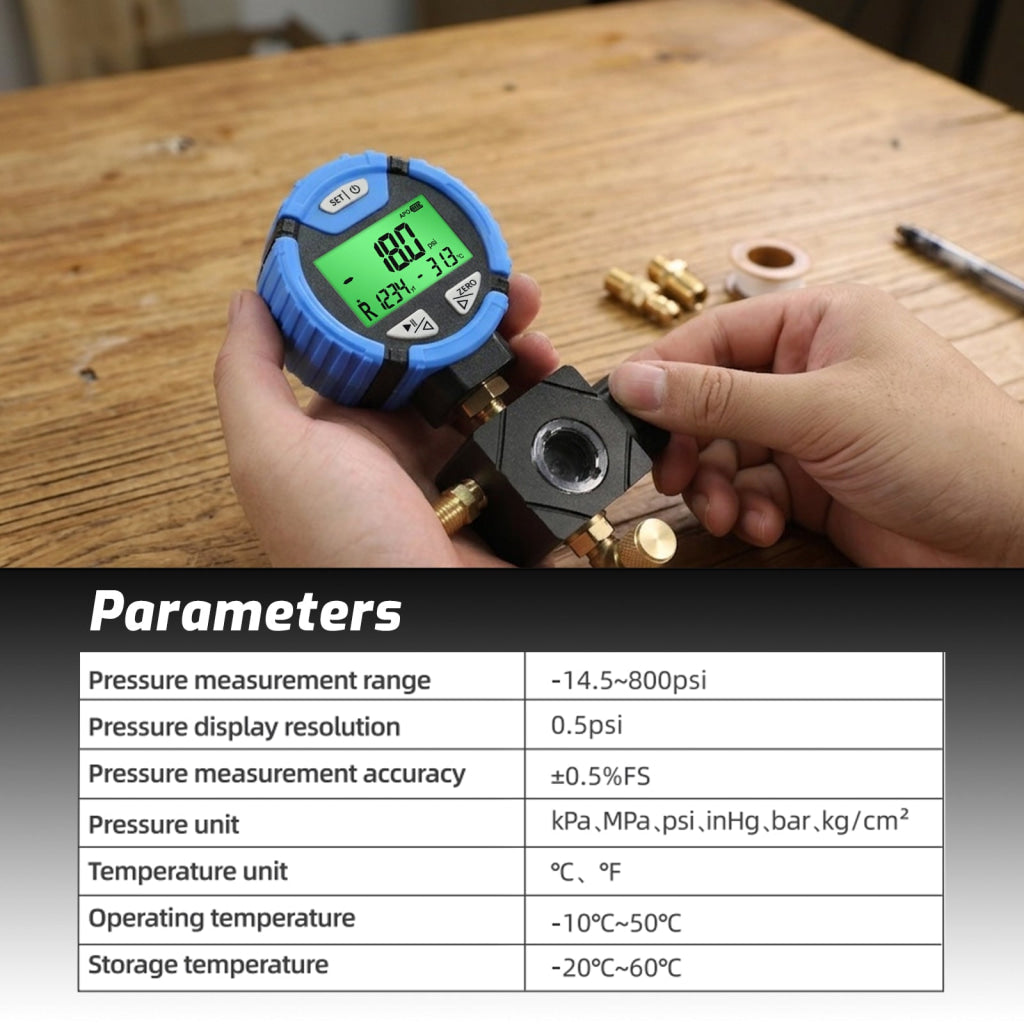 MNG-550L Digital Low-Pressure Single Refrigerant Manifold Gauge with Leak Test Function and Control Valve -14.5~800psi