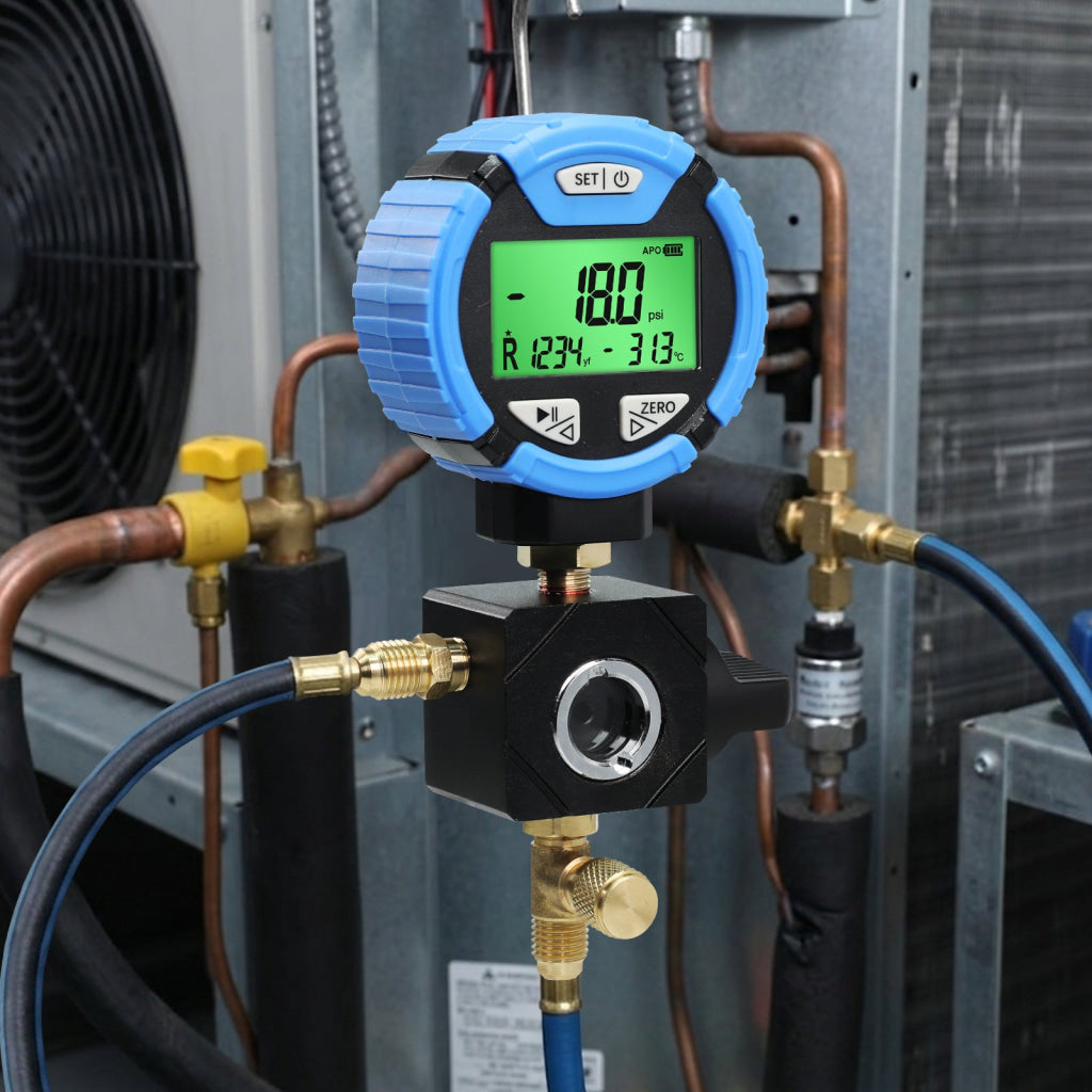 MNG-550L Digital Low-Pressure Single Refrigerant Manifold Gauge with Leak Test Function and Control Valve -14.5~800psi