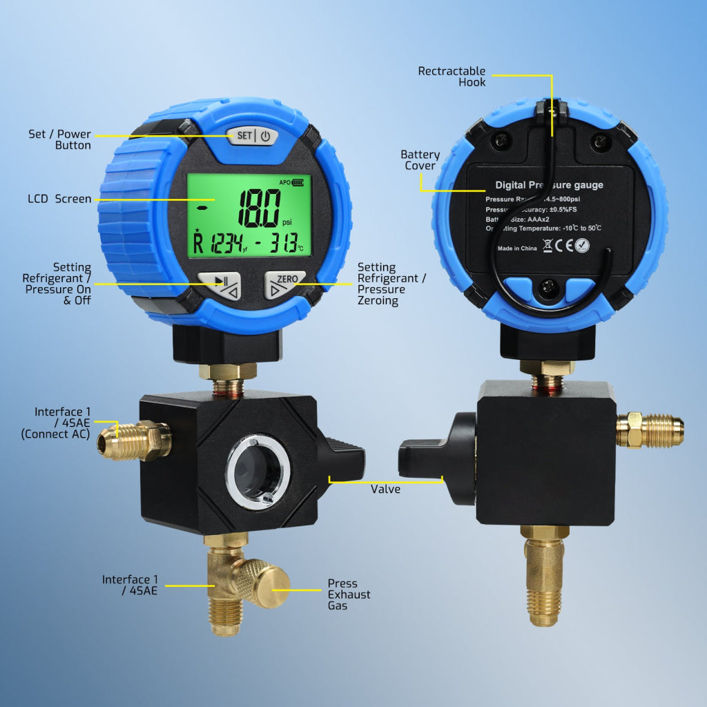 MNG-550L Digital Low-Pressure Single Refrigerant Manifold Gauge with Leak Test Function and Control Valve -14.5~800psi