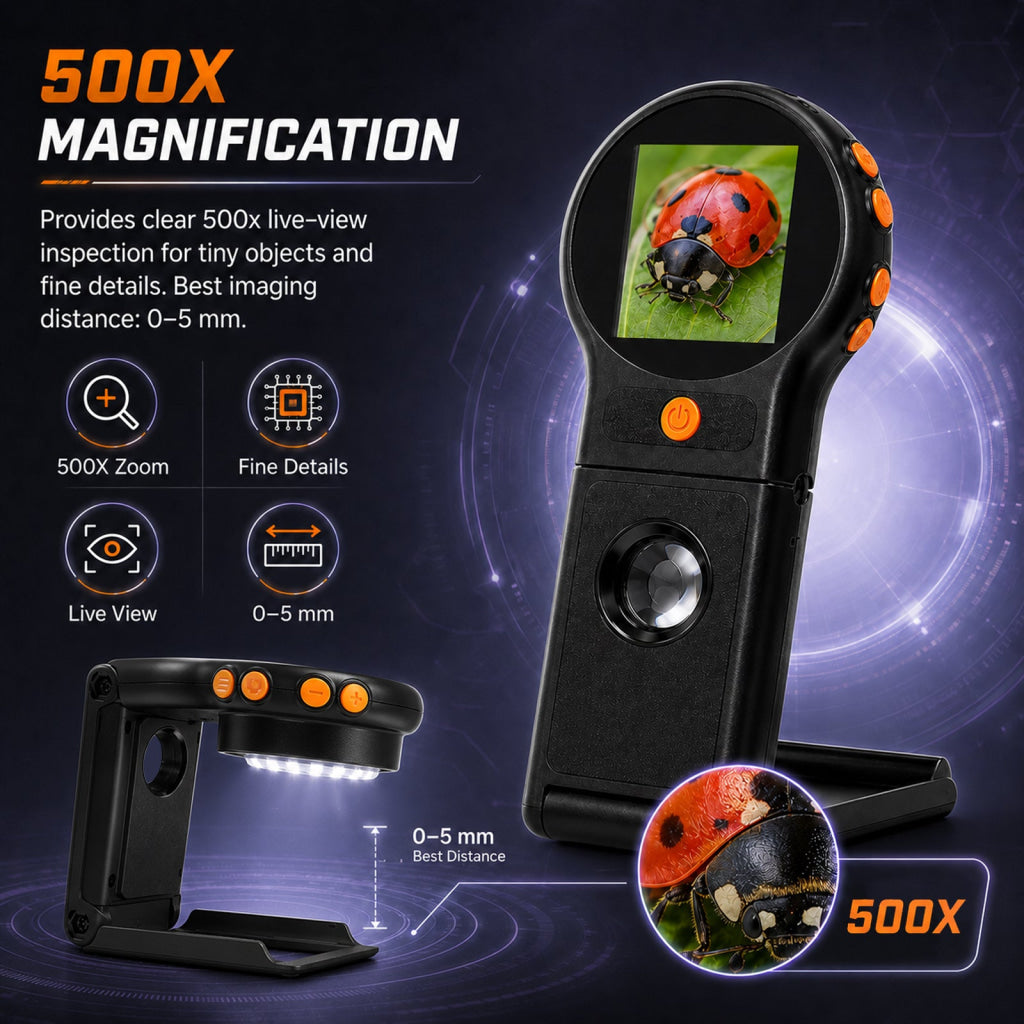MSC-555 Handheld 500X Digital Microscope Portable Folding Magnifier with Auto Focus 8 LED Lights 2.0 IPS Screen PC