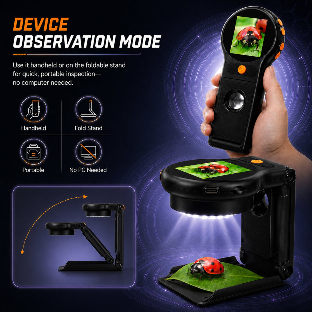 MSC-555 Handheld 500X Digital Microscope Portable Folding Magnifier with Auto Focus 8 LED Lights 2.0 IPS Screen PC