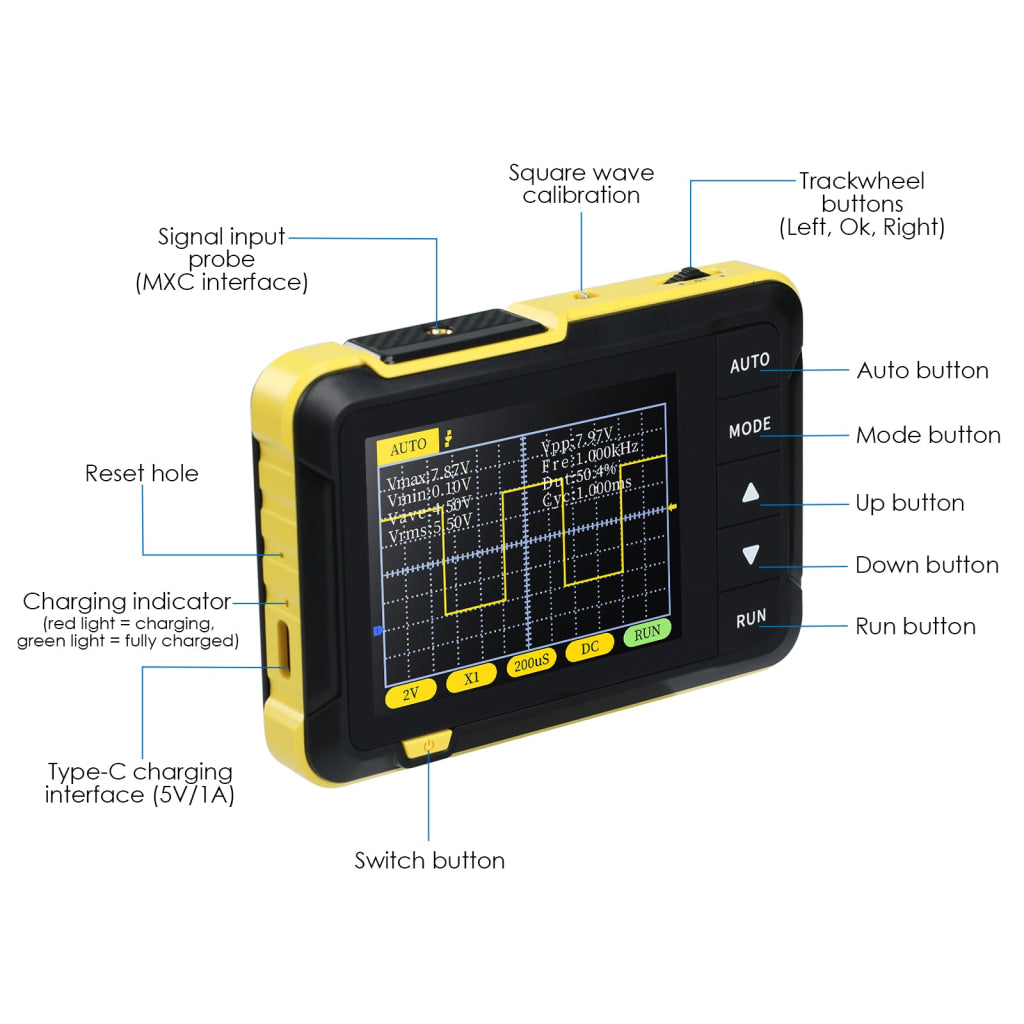 MUL 400 Mini Digital Oscilloscope Portable 200KHz Meter with 2.8’’ LCD Auto Trigger & USB Power with High Voltage Probe