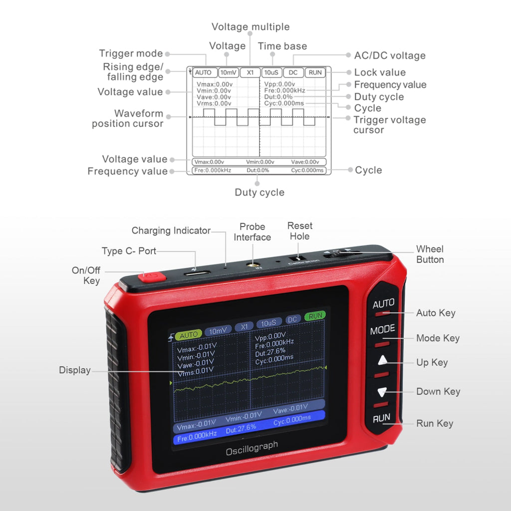 MUL 498 Portable Handheld Digital Oscilloscope Voltage Frequency Rise Time Duty Cycle for Professional and DIY Analysis