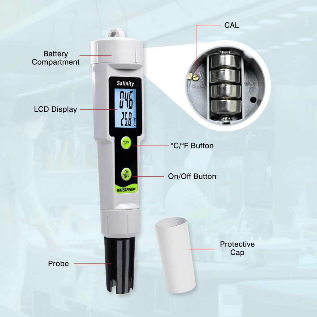 SAL-543 Salinity and Temperature Meter Digital Salinometer 0–199.9 ppt ATC with LCD Backlight High Precision 2-in-1 Pen
