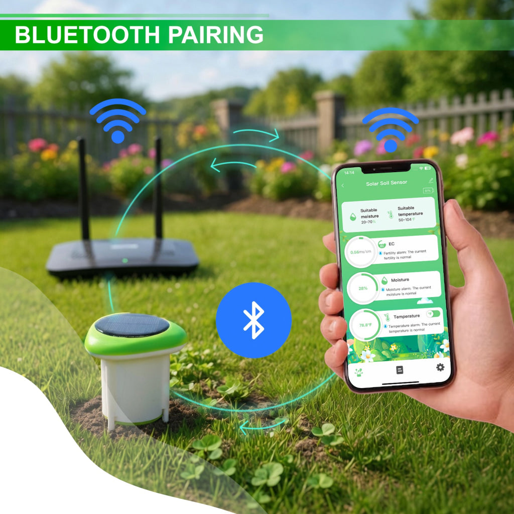 SQM-545 Smart Solar Soil Sensor Wireless Conductivity Moisture Temperature APP Monitoring IP66 Waterproof Works with